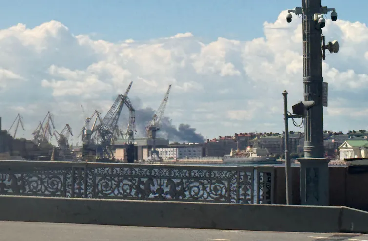Smoke rises over St Petersburg harbour, June 3 2026.