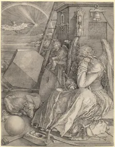 'Melencolia', d'Albrecht Dürer, on pot apreciar-se un quadre numèric en el cantó superior dret.