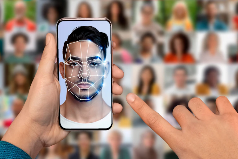 Illustration showing a face being scanned on a mobile phone, with other faces in the background