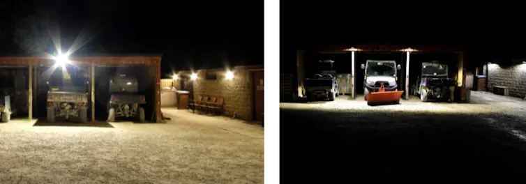 Two agricultural buildings, on left more light is showing.
