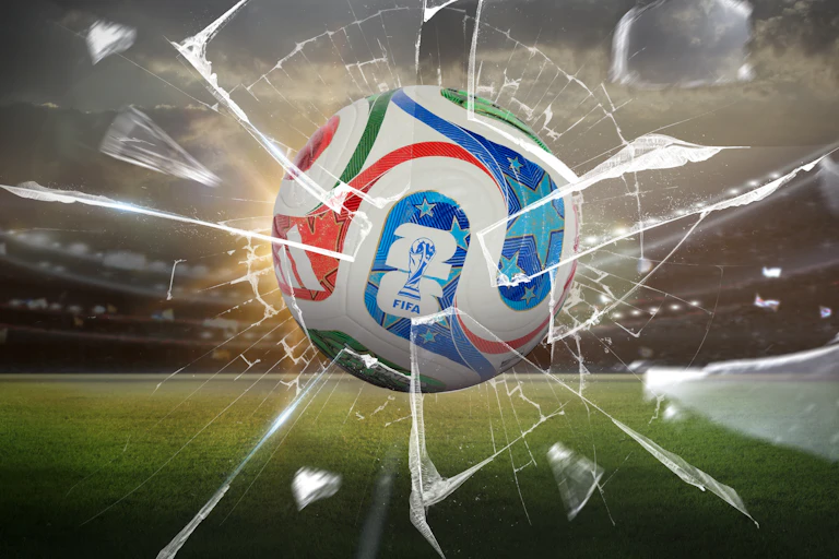 Illustration of official Fifa World Cup 2026 football smashing glass.