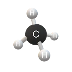 Diagrama químico de esferas e bastões mostrando um grande átomo de carbono ligado a quatro átomos de hidrogênio.