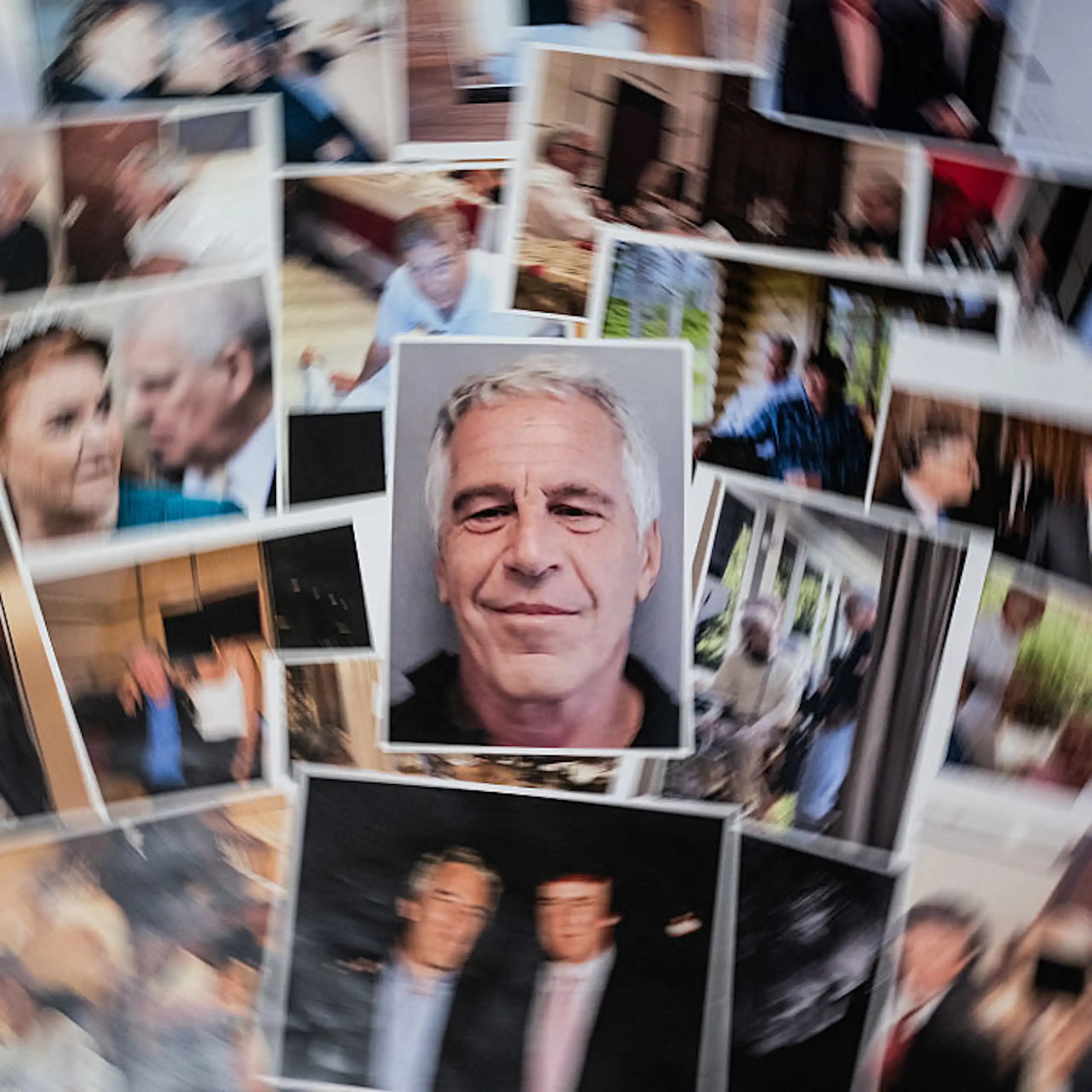 A blurred collection of undated pictures, provided by the U.S. Justice Department from its investigation of Jeffrey Epstein, form a collage behind Epstein's mug shot.