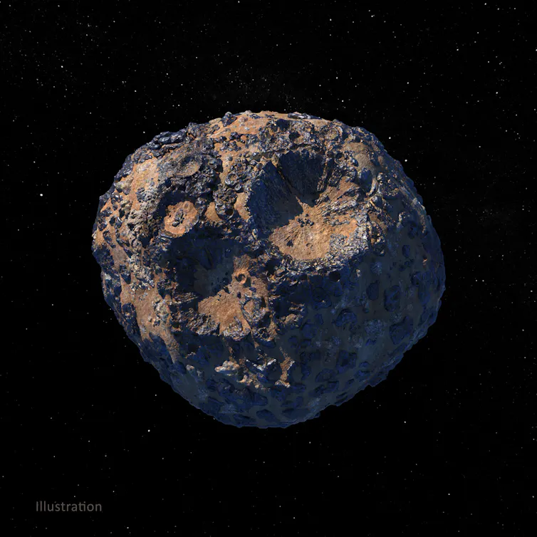 An illustration of a large, mostly round asteroid with some small craters on its surface