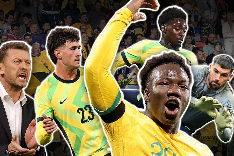 A graphic composite features Socceroos coach Tony Popovic alongside players Alessandro Circati, Nestory Irankunda, Mohamed Toure and Mat Ryan.