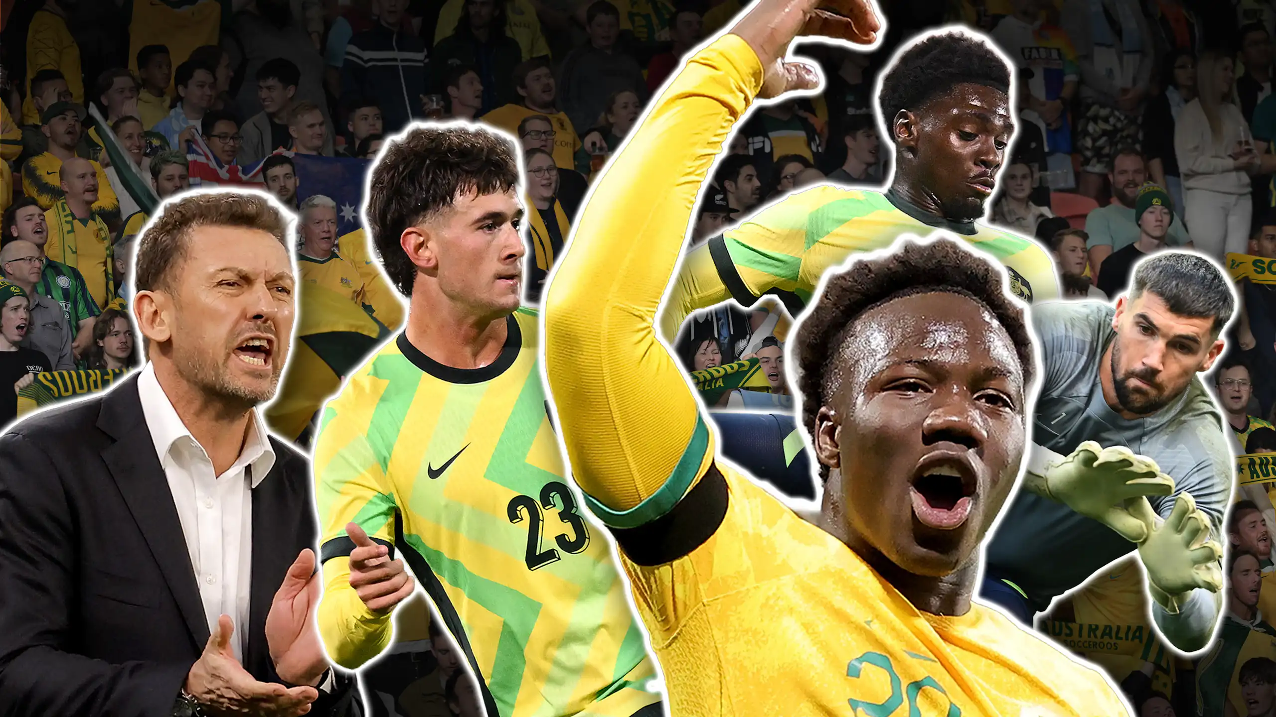 A graphic composite features Socceroos coach Tony Popovic alongside players Alessandro Circati, Nestory Irankunda, Mohamed Toure and Mat Ryan.