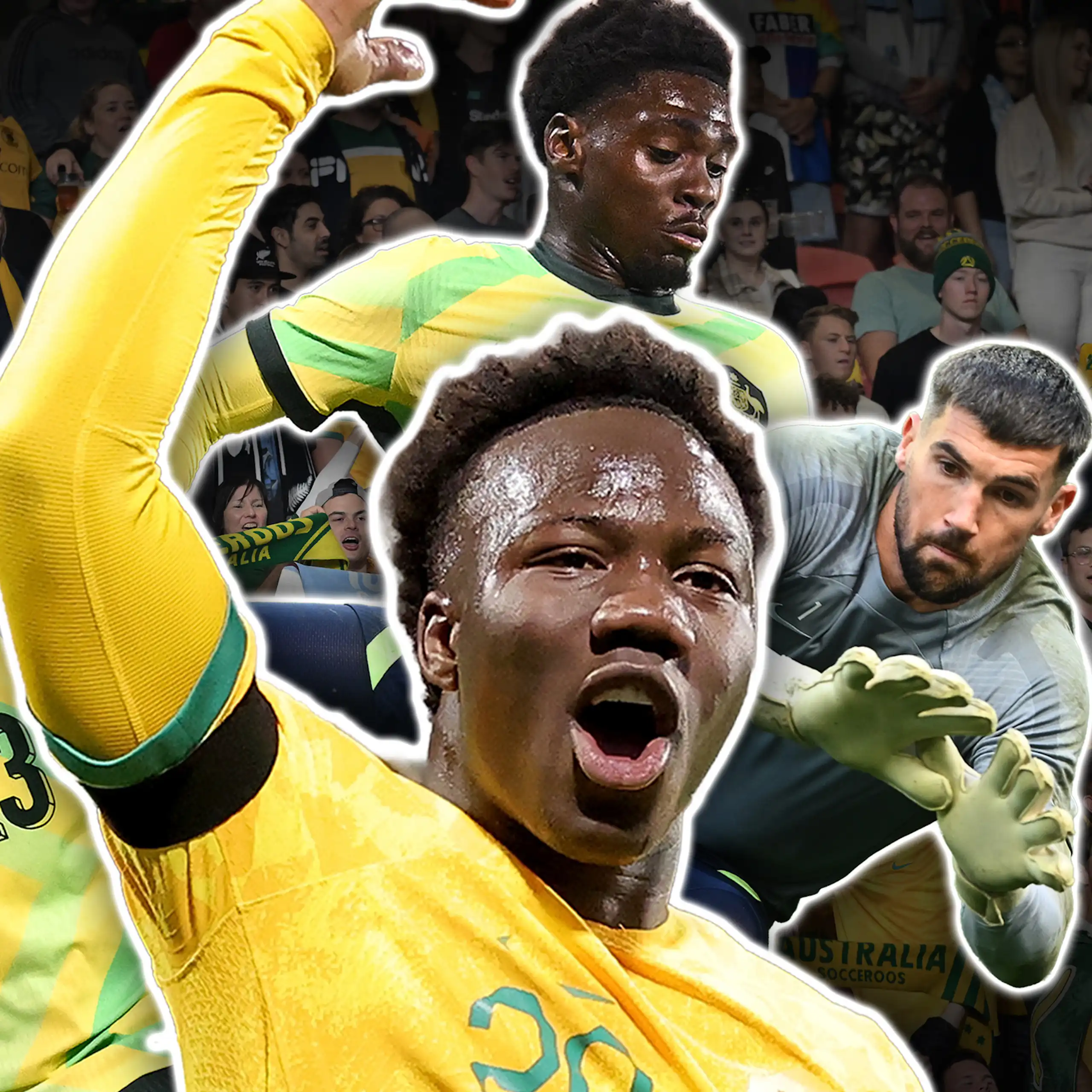 A graphic composite features Socceroos coach Tony Popovic alongside players Alessandro Circati, Nestory Irankunda, Mohamed Toure and Mat Ryan.