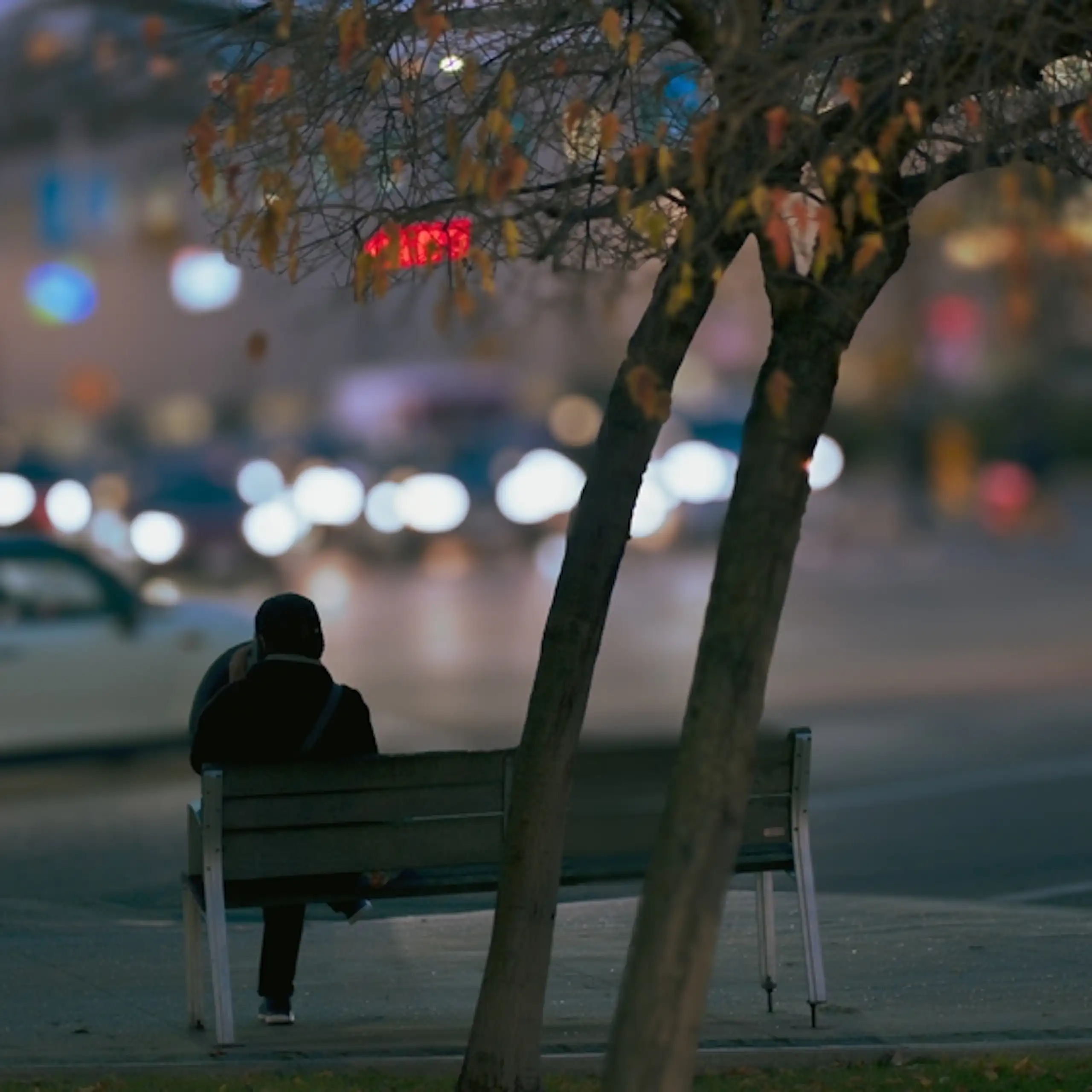 Une personne assise sur un banc, dans une ville