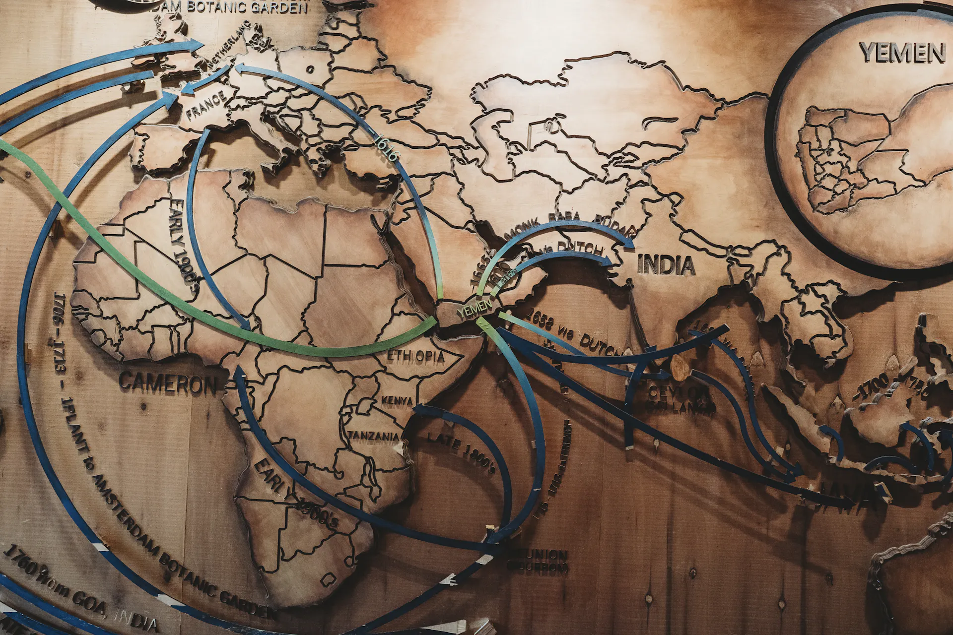Map of the globe with coffee trade routes