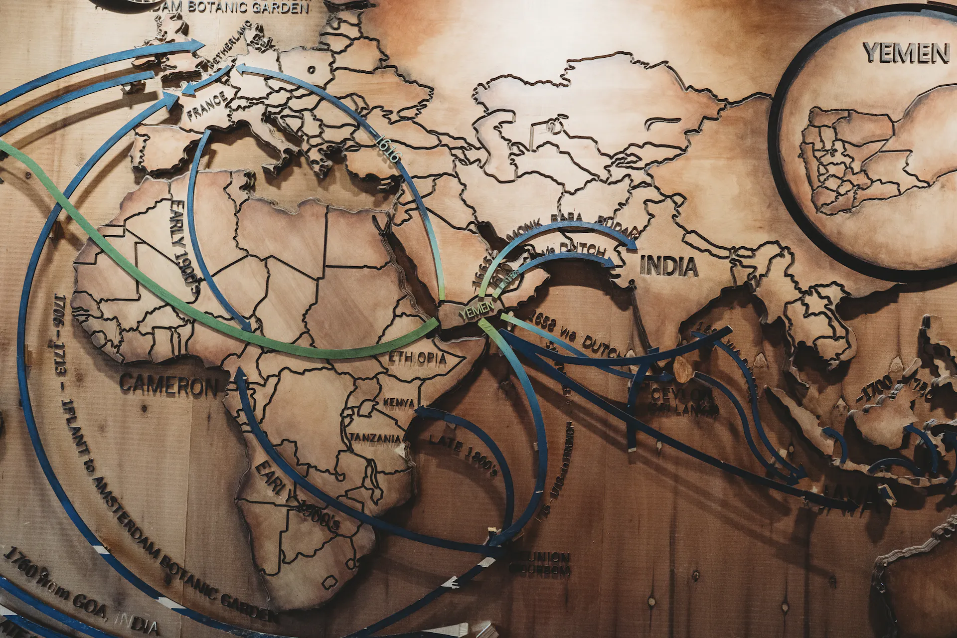 Map of the globe with coffee trade routes