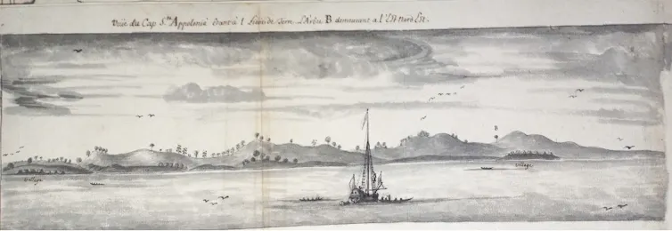 An old illustration of a vast bay with mountains in the distance and a sailing ship in the foreground.