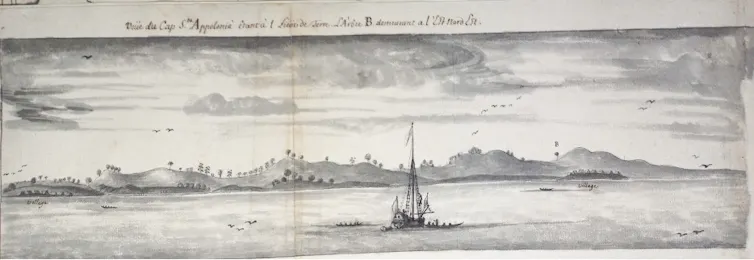 Une ancienne illustration représentant une vaste baie avec des montagnes au loin et un voilier au premier plan.