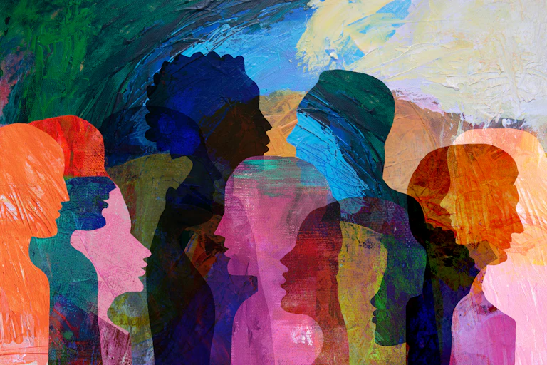 A colourful illustration of various faces