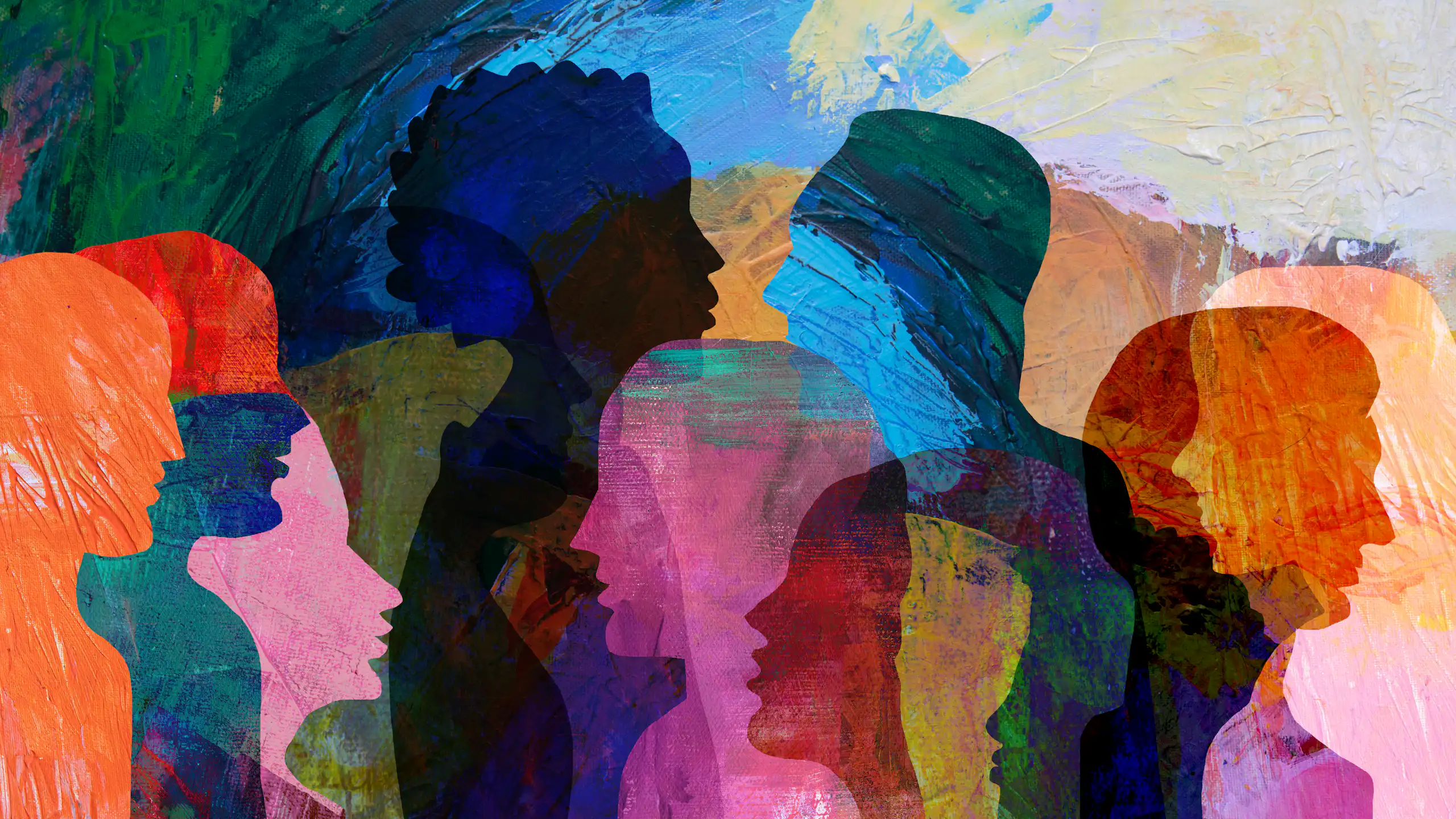A colourful illustration of various faces