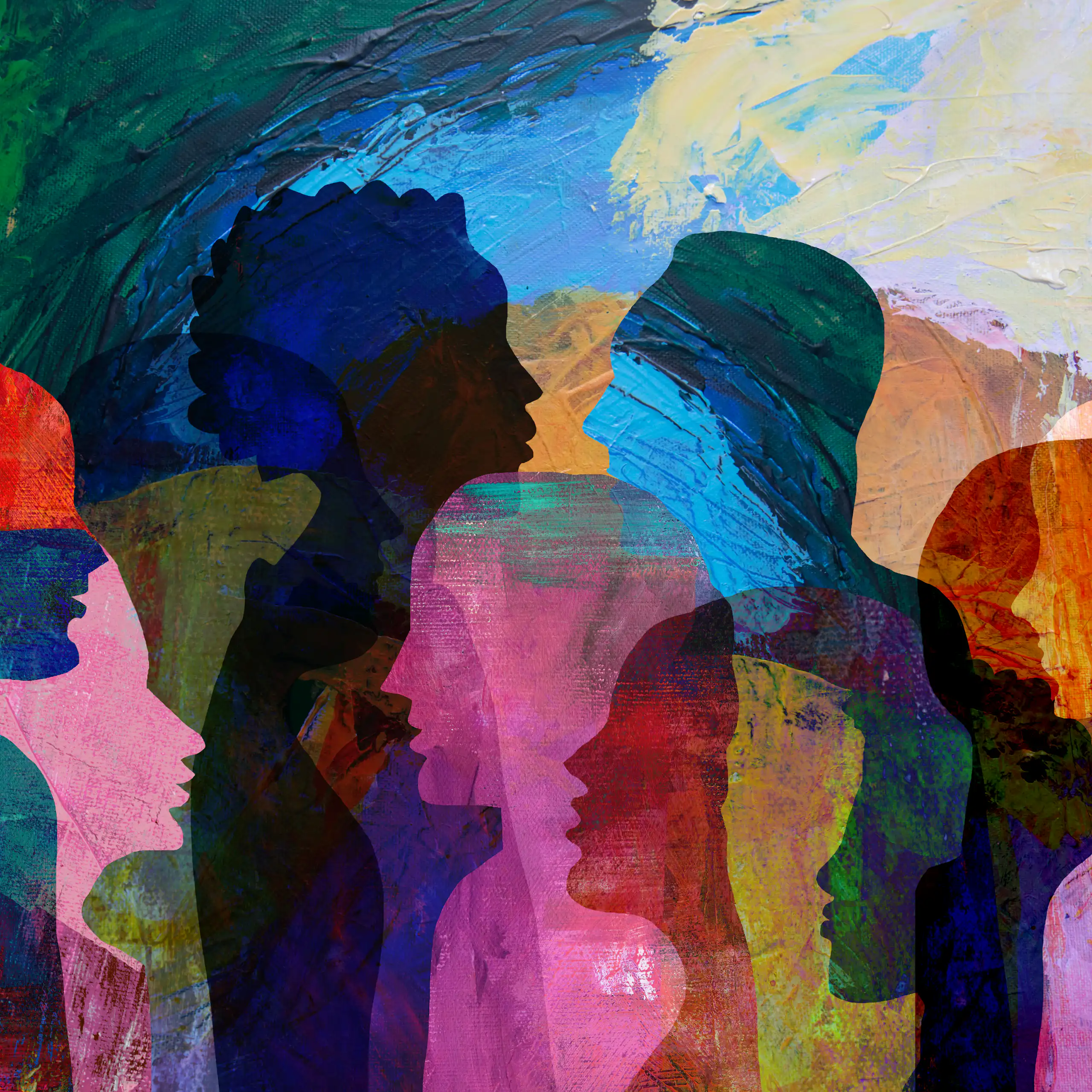 A colourful illustration of various faces