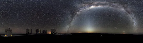 View of the Southern sky shows the Milky Way and (far right, close to horizon) two galactic neighbours, the Small and Large Magellanic Clouds.