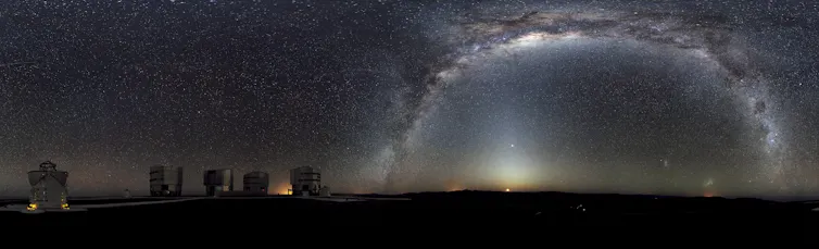 View of the Southern sky shows the Milky Way and (far right, close to horizon) two galactic neighbours, the Small and Large Magellanic Clouds.