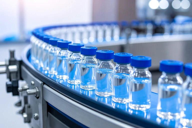 Pharmaceutical production line with rows of glass vaccine vials on conveyor belt.