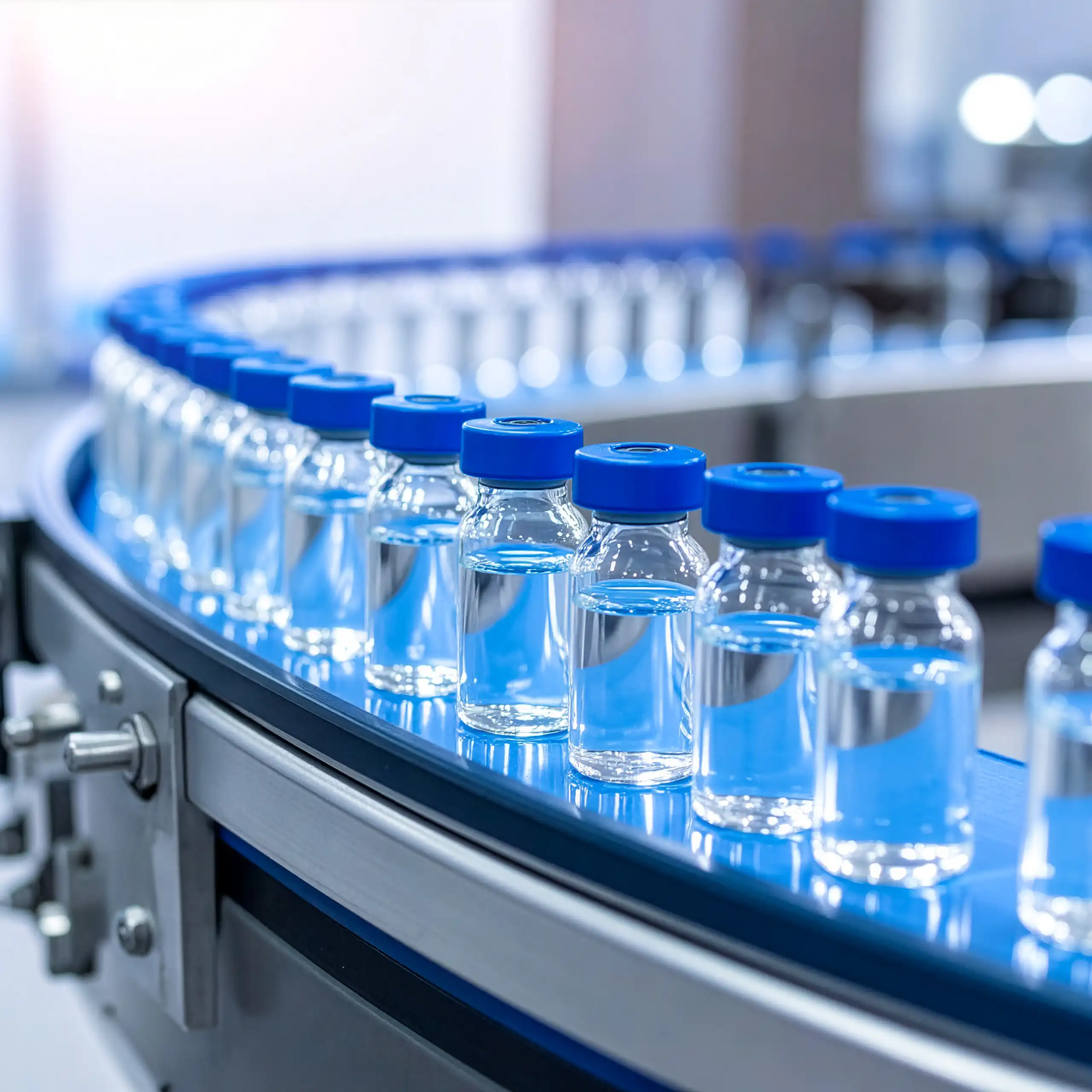 Pharmaceutical production line with rows of glass vaccine vials on conveyor belt.