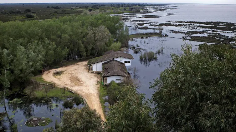 Dos casas con techo de paja en una franja de tierra con vegetación en medio de dos grandes lagunas