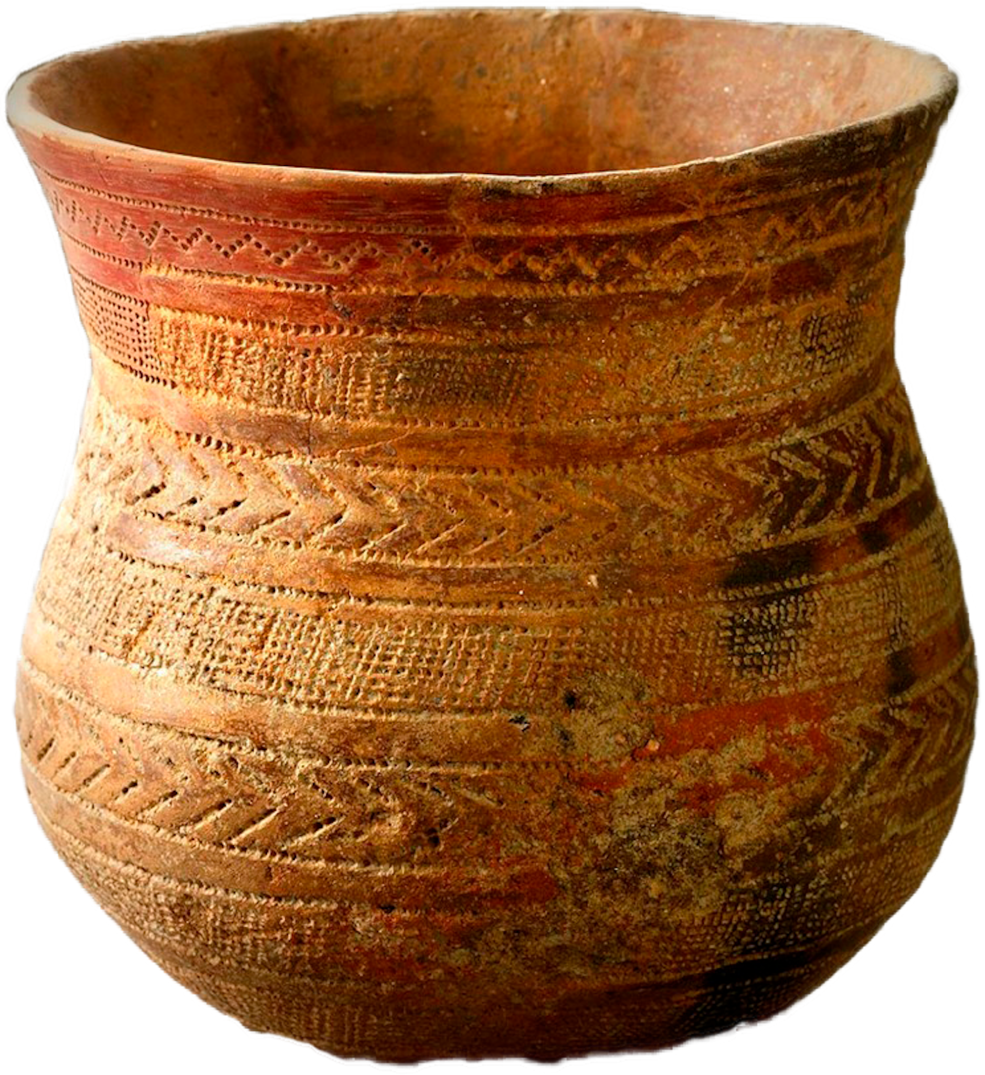 A clay pot with a round curved bottom that narrows before expanding to become a lip.