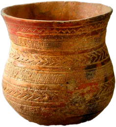 A clay pot with a round curved bottom that narrows before expanding to become a lip.