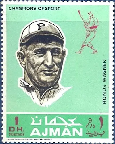A green postage stamp featuring Arabic text and a drawn portrait of a baseball player.