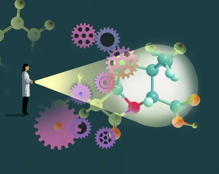 A cartoon image shows a person shining a light on molecules.