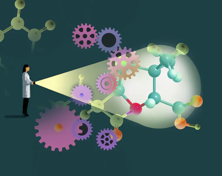 A cartoon image shows a person shining a light on molecules.