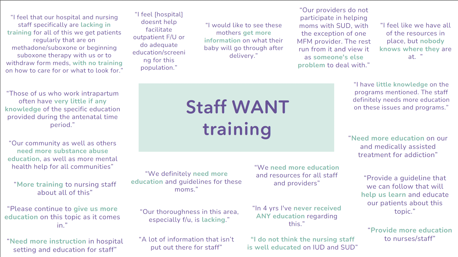 A series of quotes with a blurb in the middle that says: 'Staff want training.'