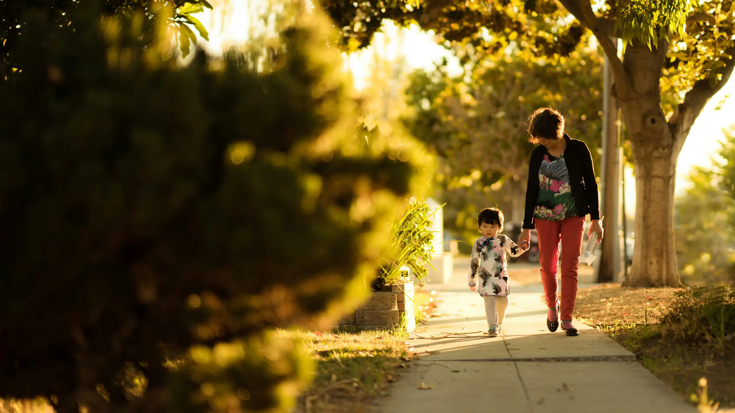 A mother holds her young daughter's hand as they walk down the path in the sun