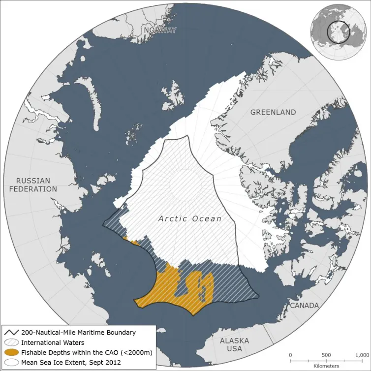 A map looking at the North pole and Arctic sea ice extent.