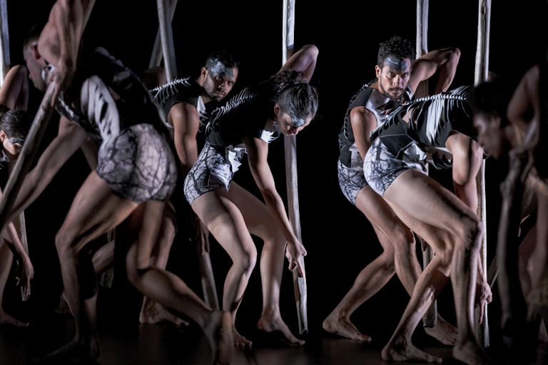 An ensemble of dancers in skeleton-like outfits march across a dark stage.