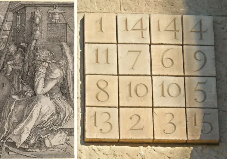 El rompecabezas numérico de la Sagrada Familia y el alma matemática del templo 2 Montaje de _Melencolia I_, de Alberto Durero, donde se puede ver la cuadrícula numérica en la esquina superior derecha y el cuadrado mágico diseñado por el escultor Josep Maria Subirachs.
