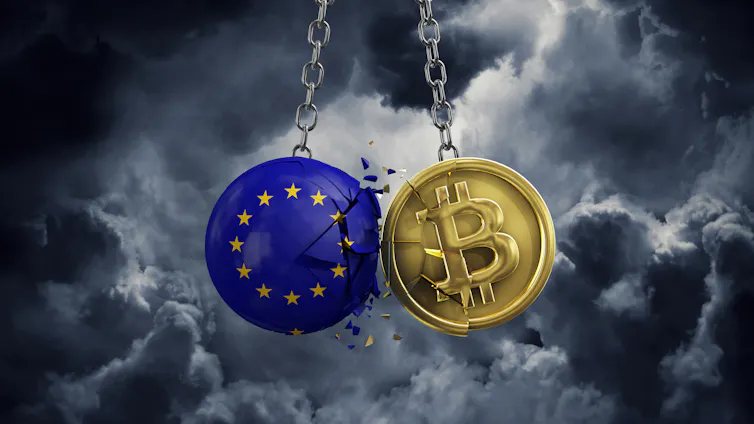 Illustration of EU flag smashing into a gold bitcoin with stormy sky backdrop.