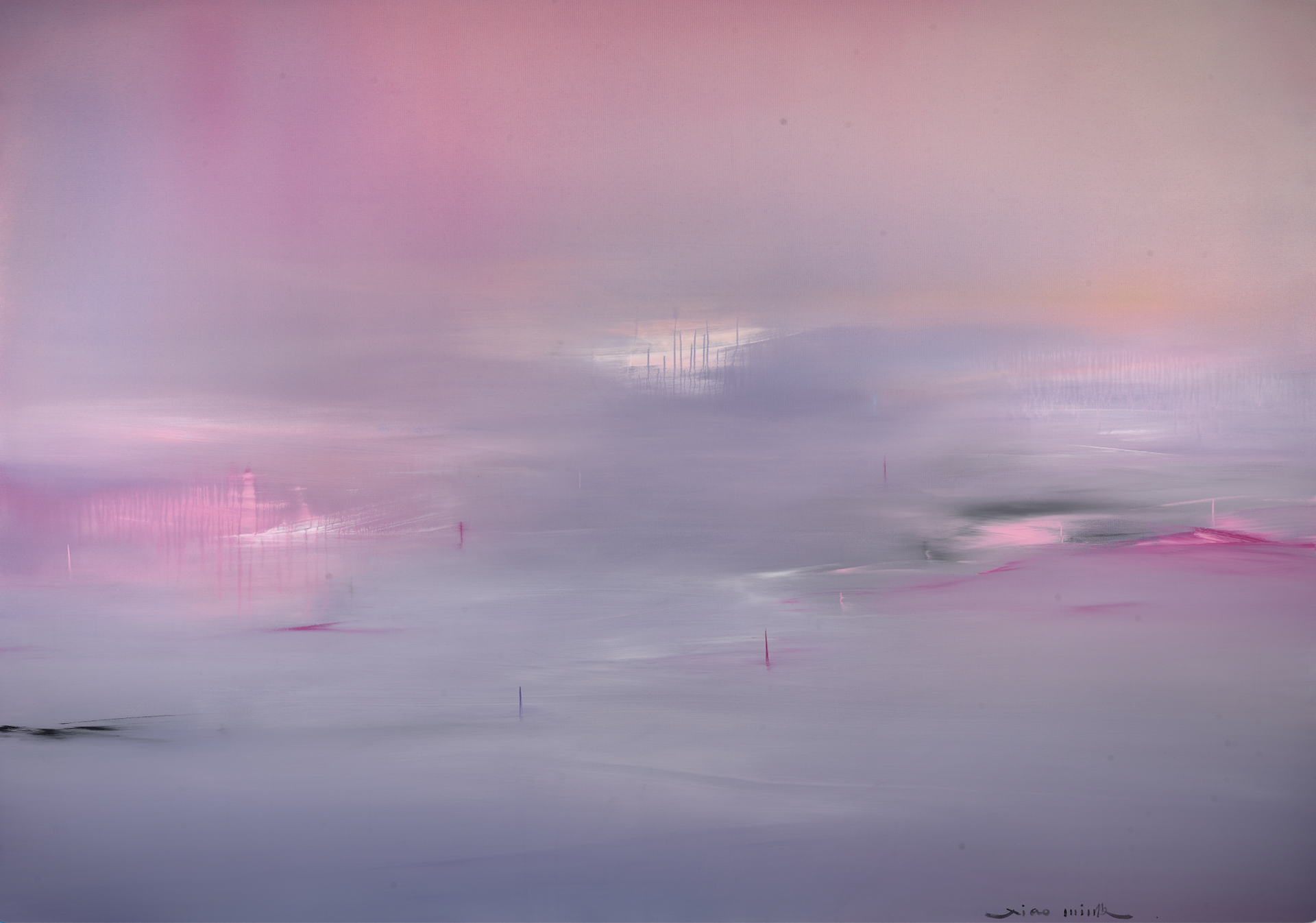 A dreamlike abstract painting in pinks and blues