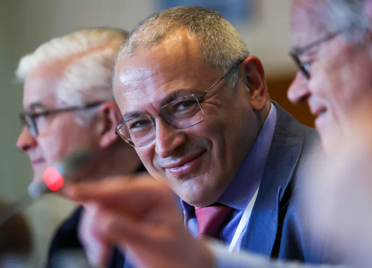 Mikhail Khodorkovsky attends a roundtable discussion in Brussels.