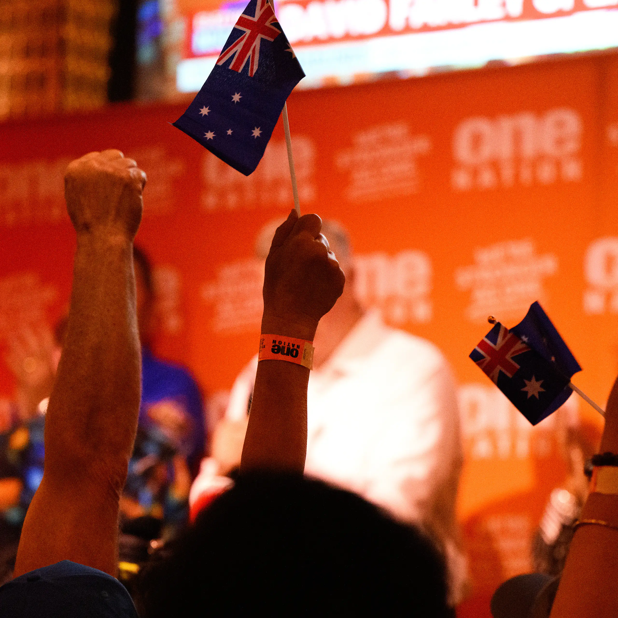 Fists and flags in the air at a One Nation election night party after the Farrer by-election