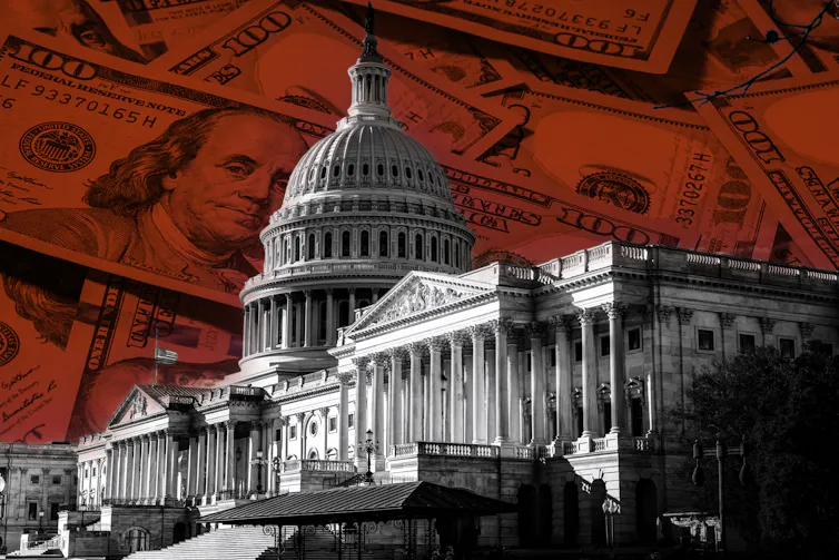 Cómo el intercambio de dinero entre miembros de la Cámara de Representantes da forma al equilibrio de poder en el Congreso 1 Foto de un gran edificio federal con billetes de dólares rojos encima.