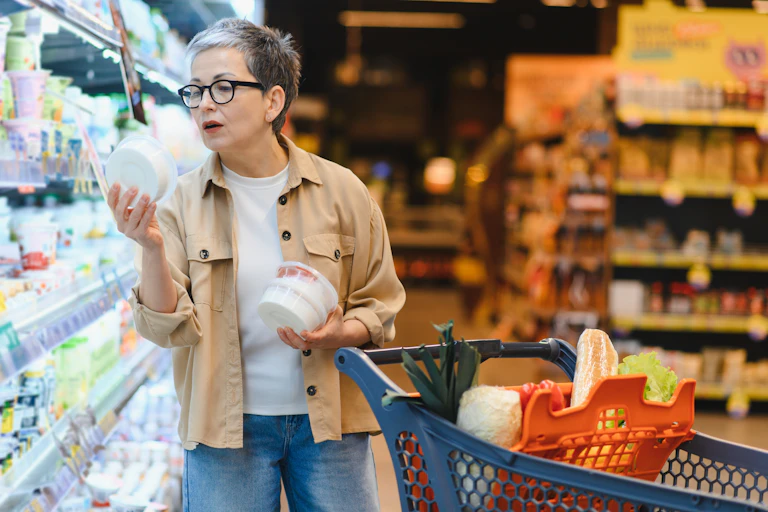 Una dona mira uns pots al supermercat.