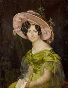 Portrait of Zinaida Volkonskaya in a green dress and large pink hat.