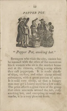 Yellowed page of book with black-and-white illustration of group of people gathered around a large pot