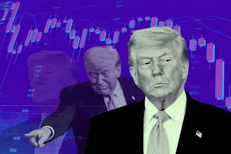 Trump's face in front of a stock market ticker chart