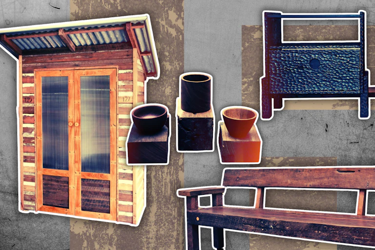 A composite images showing a variety of handmade hardwood furniture items.