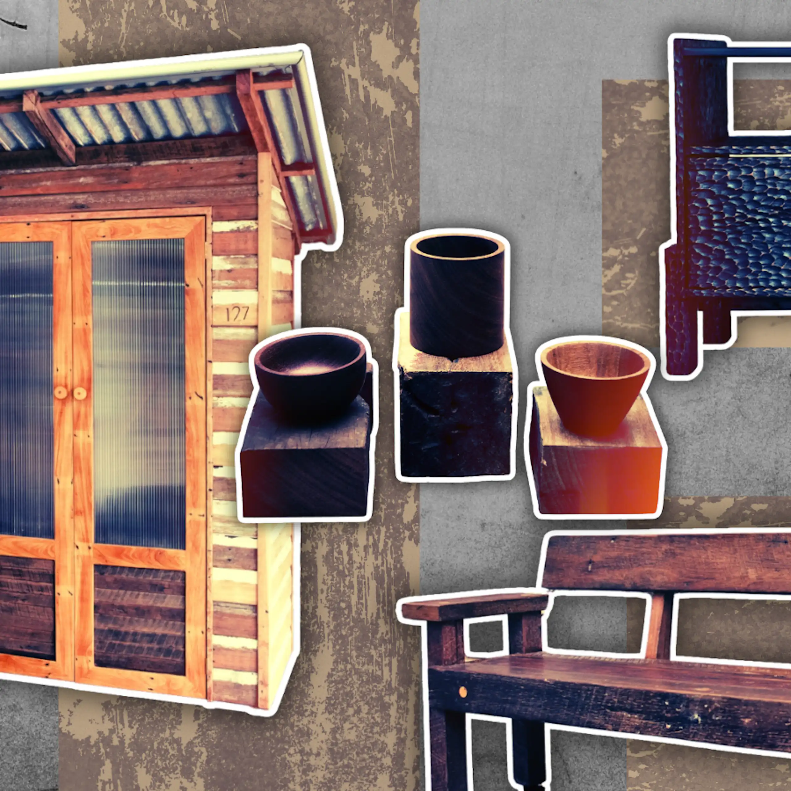 A composite images showing a variety of handmade hardwood furniture items.
