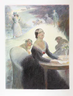Retrato de una mujer que mira al cielo mientras está sentada frente a una mesa.