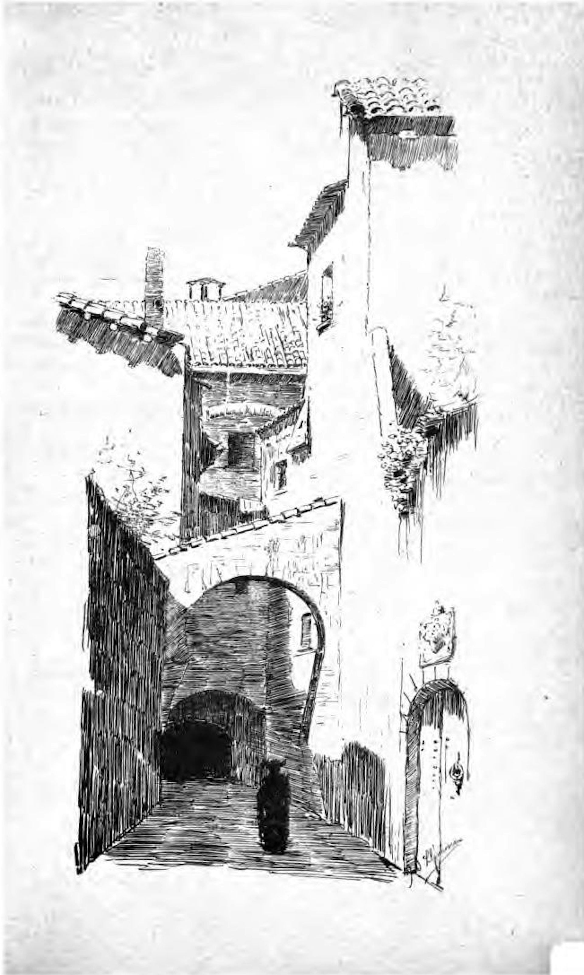 Dibujo de las callejuelas del casco antiguo de la ciudad con una figura vestida de negro paseando por ellas.