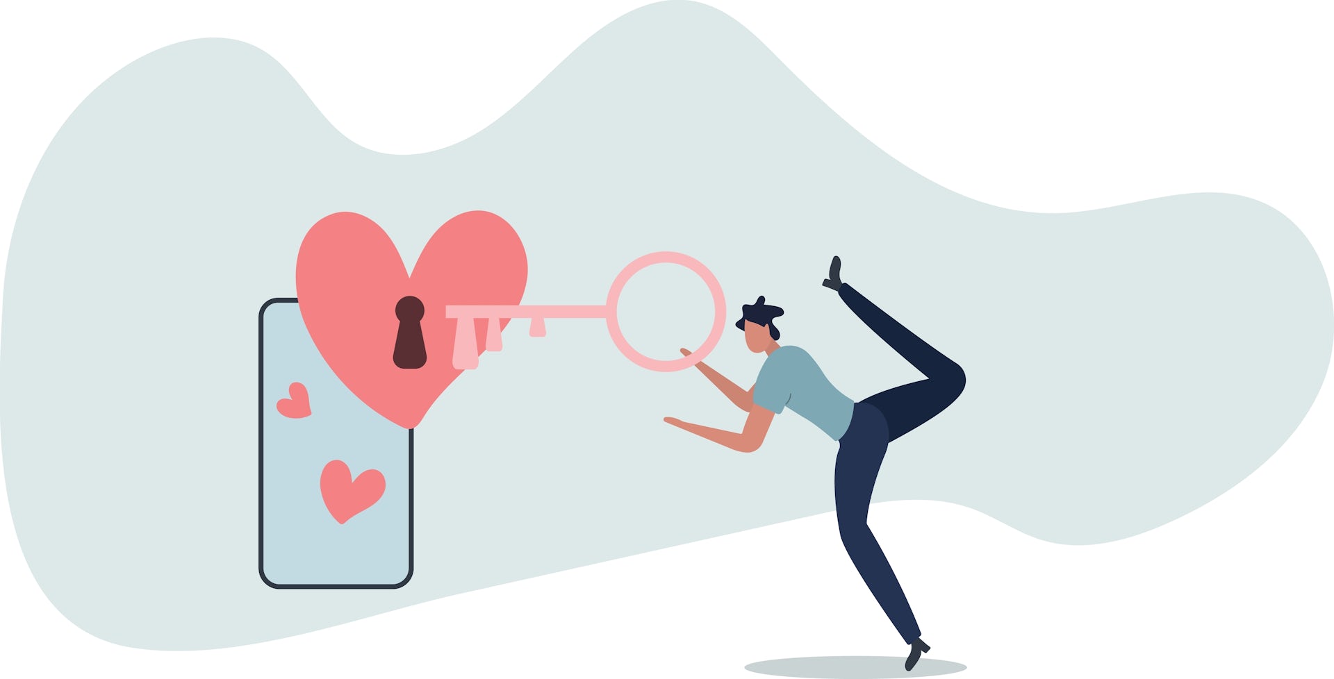 Cartoon illustration of a person using a large key to 'unlock' love within a mobile phone