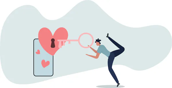 Cartoon illustration of a person using a large key to 'unlock' love within a mobile phone