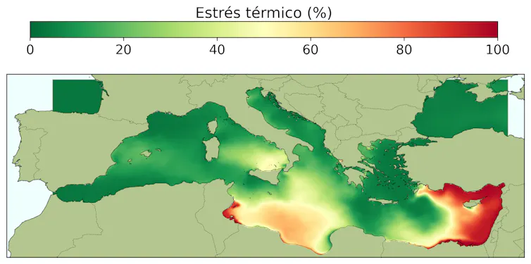 Mapa del mar Mediterráneo que muestra el estrés térmico acumulado actual para la Posidonia oceanica. La escala de color va de verde, menor estrés, a rojo, mayor estrés. Las zonas con mayor estrés aparecen principalmente en el sur y el este del Mediterráne